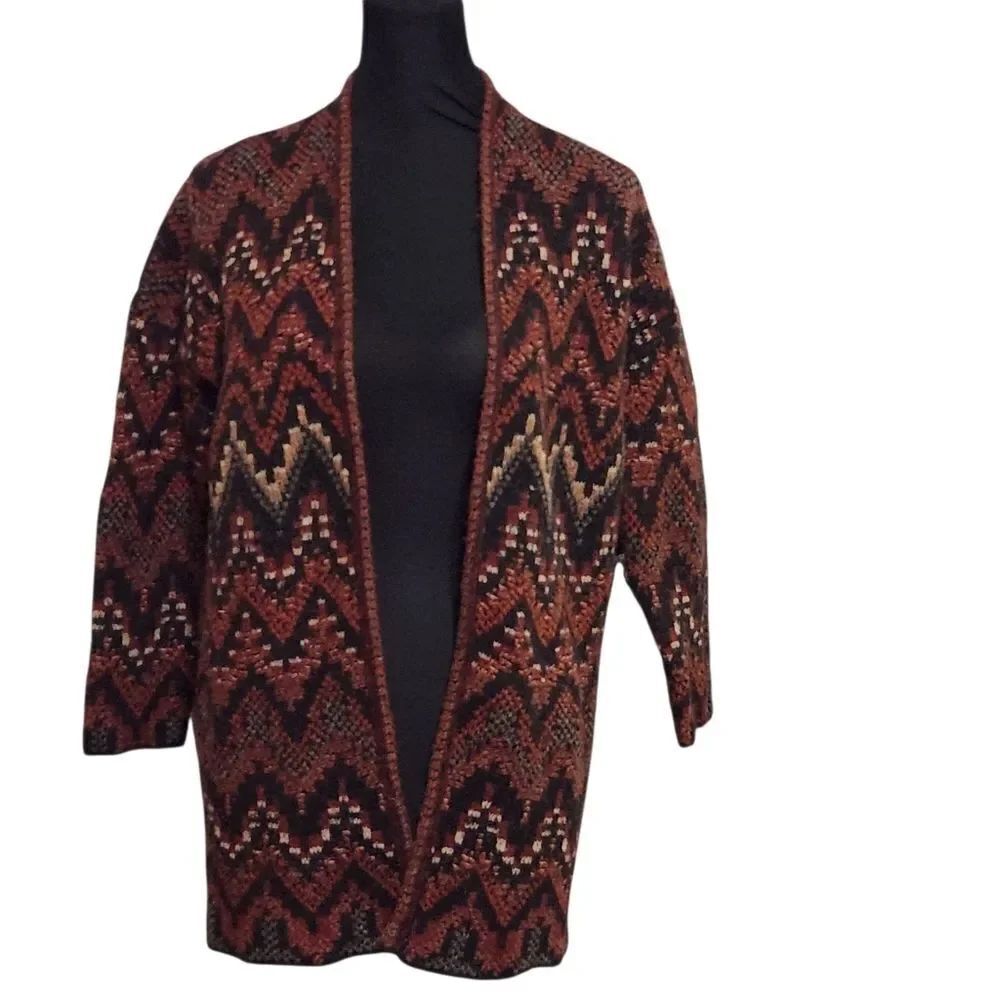 Lucky Brand Cardigan Sweater Small Aztec Orange Black Brown Open Front